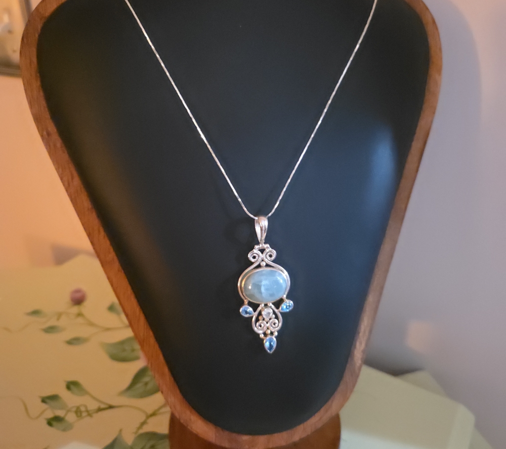 Artisan Gem Collection India Aquamarine Moonstone Blue Topaz Silver Pendant
